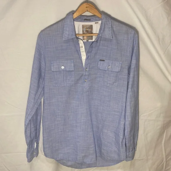 2/30 Guess Mens Lightweight Half Button Down Pullover Collared Shirt Denim Look - Picture 2 of 13